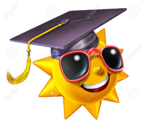 Summer learning and school education concept as a happy three dimensional sun character wearing a graduation hat or mortar cap as a student symbol of academic extracurricular courses in the hot seasonal months isolated on white.